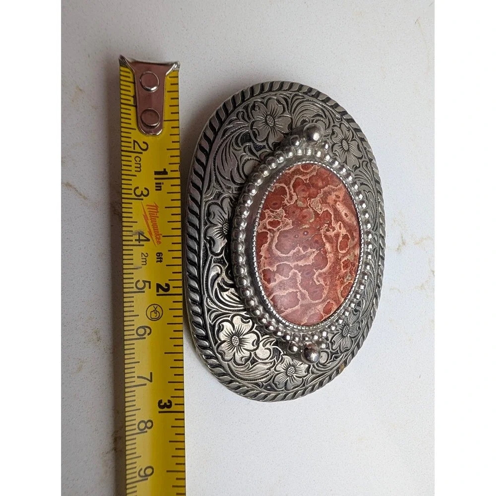 Vintage Western Floral Engraved Belt Buckle with Red Jasper Stone Centerpiece